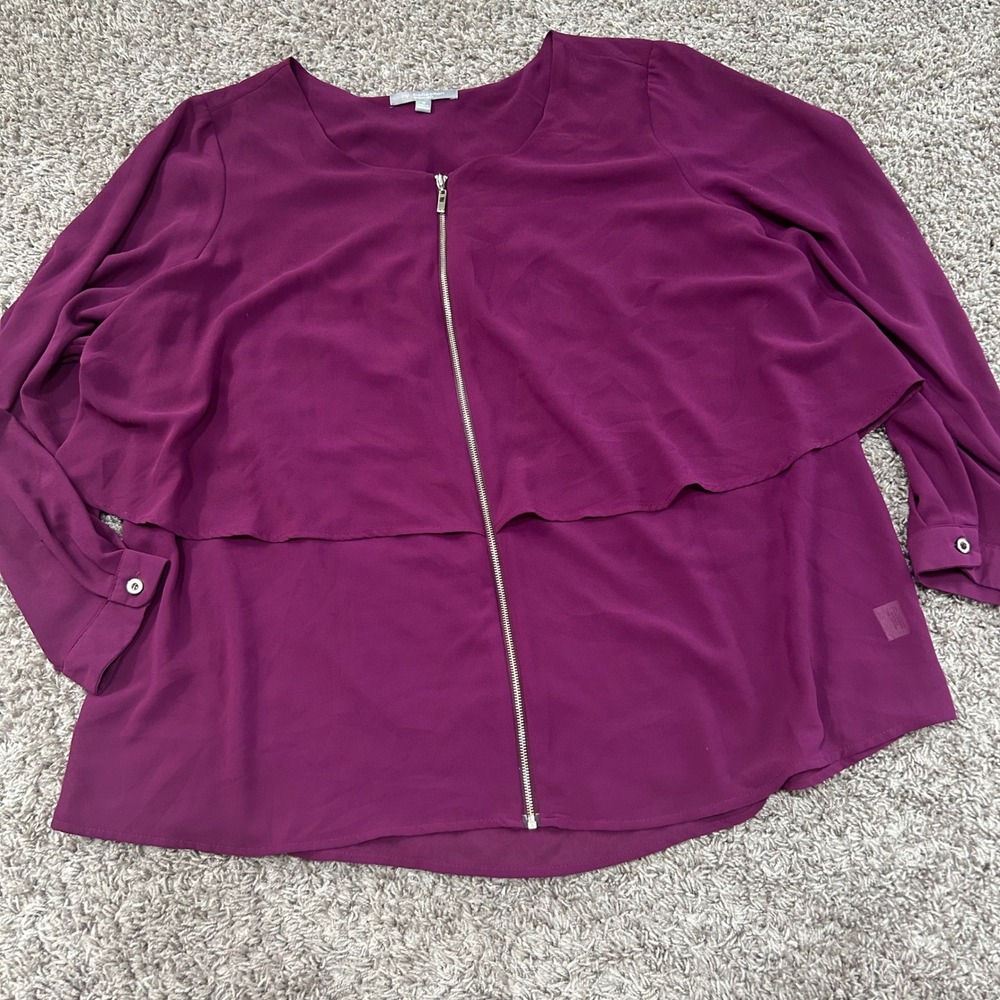 NY Collection‎ Woman 1X Purple Blouse Long Sleeve Zipper Front Layered